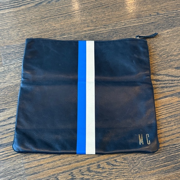 Clare V Foldover Clutch Black Leather w/ Blue and White Stripe EUC - Picture 2 of 9